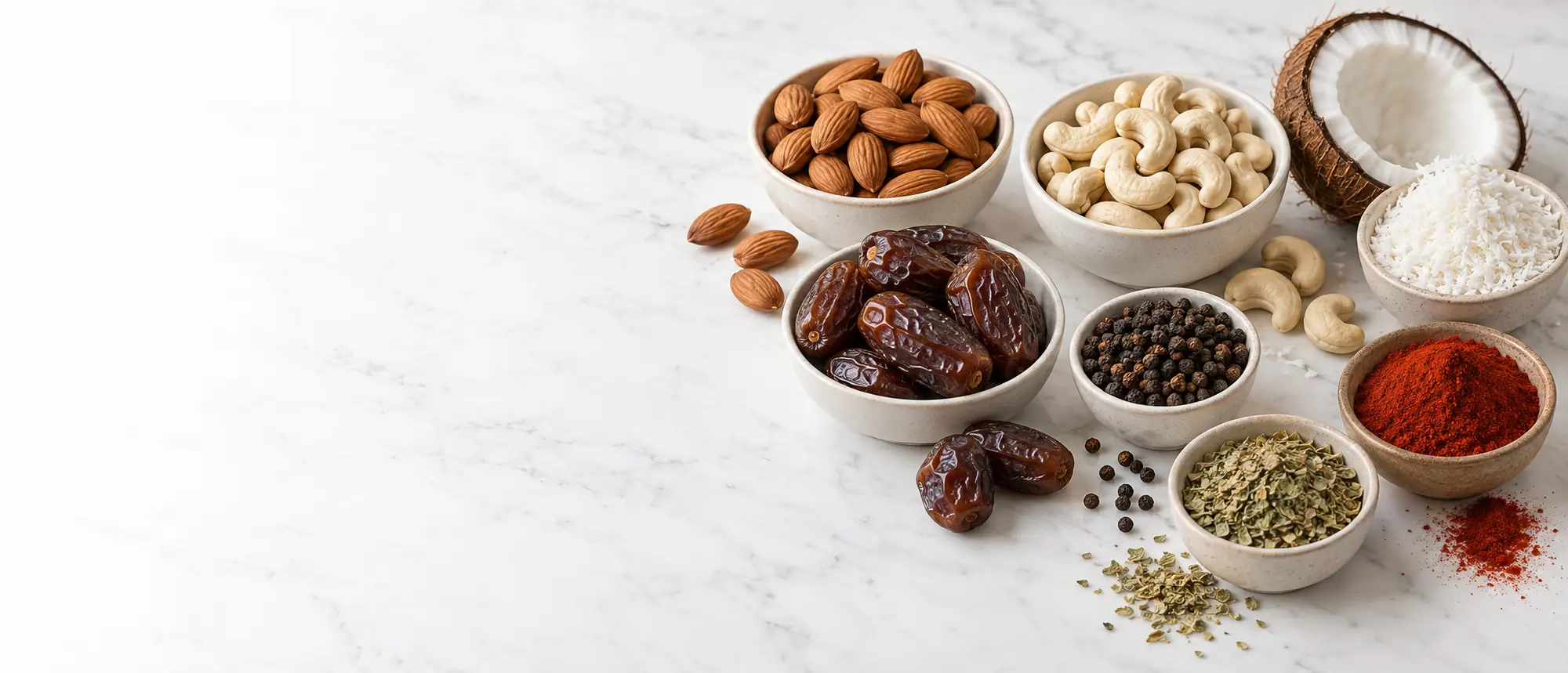 Almonds, cashew nuts, coconut, dates, black pepper, paprika and oregano in bowls on a white table